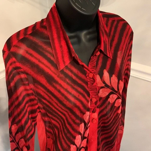 Vera Cristina Red Floral Print Sheer Silk Tunic Size M - Picture 1 of 8